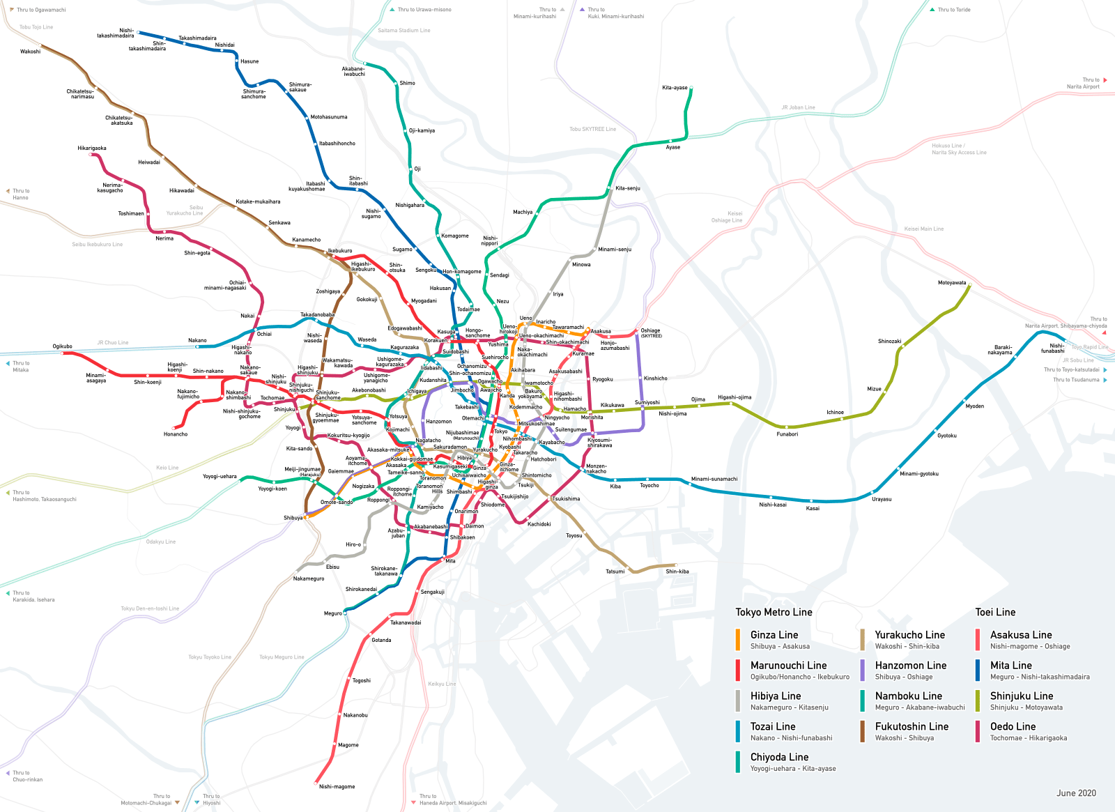 Map of the Tokyo subway with the nine Tokyo Metro lines and the four Toei lines